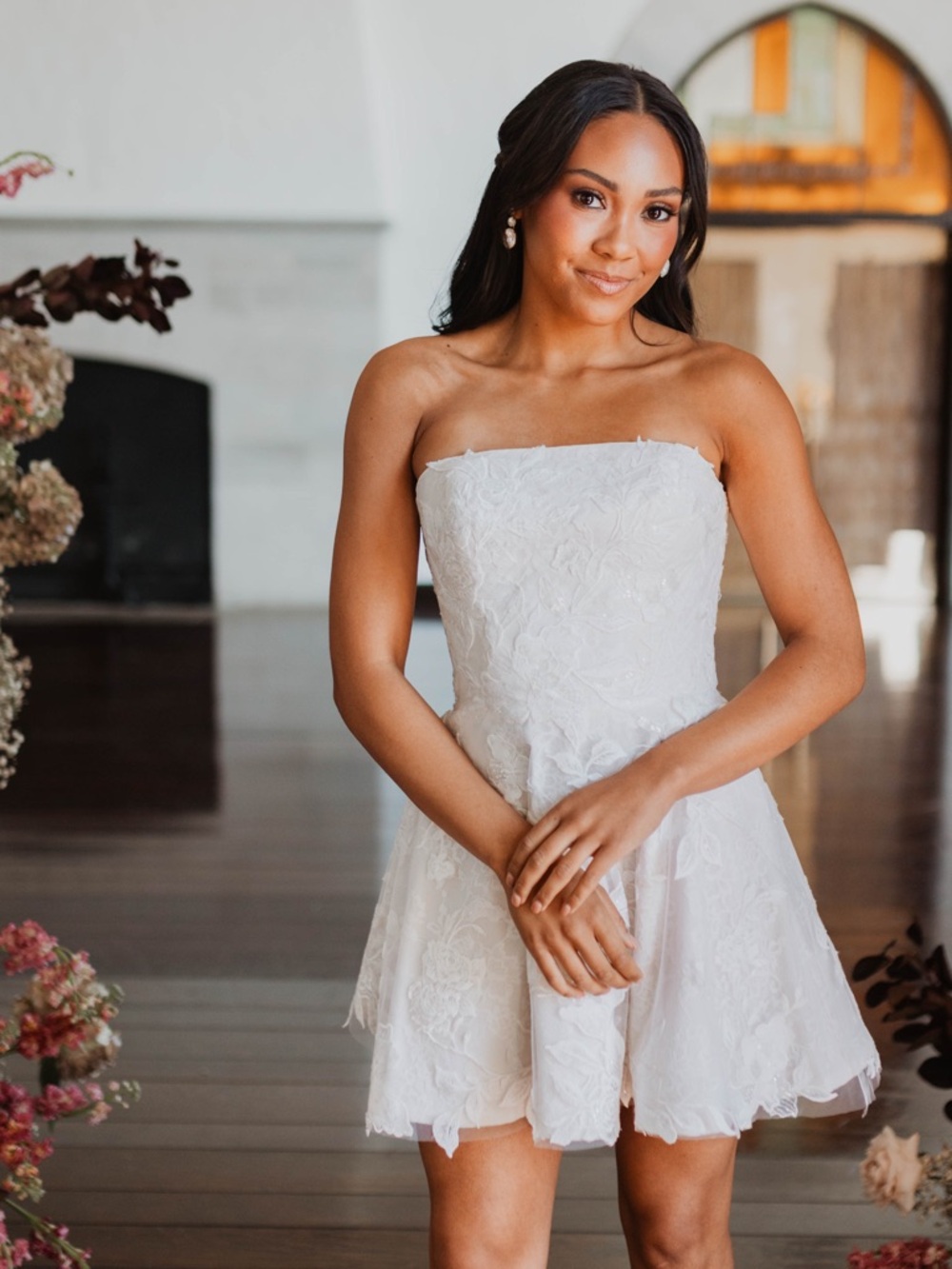 Strapless White Floral Lace Mini Dress by